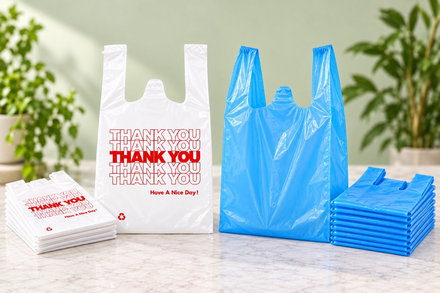 Assorted coloured and printed plastic shopping bags